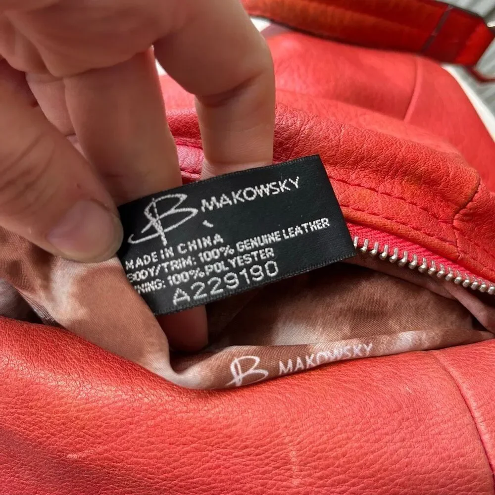 VTG B. Makowsky Coral Red Leather Hobo Bag | Slouchy Bucket Shoulder Purse - Picture 11 of 13